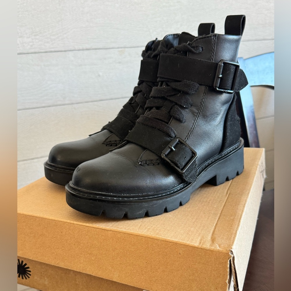 UGG Black Leather Combat Boots with Buckles